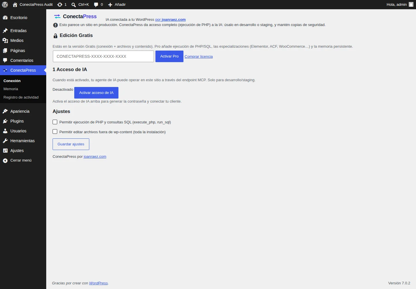 Vista real de la configuración de ConectaPress en WordPress