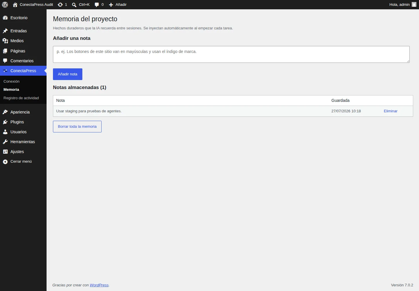 Pantalla real de memoria persistente de ConectaPress